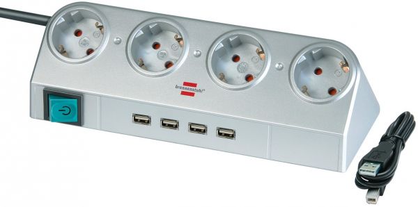 Desktop Power mit Schalter und USB Hub 2.0 4 fach silber