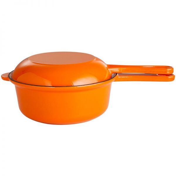 Gusstopf Pfannenkombination mit Stiel und Topfdeckel 22 cm orange / weiß emailliert